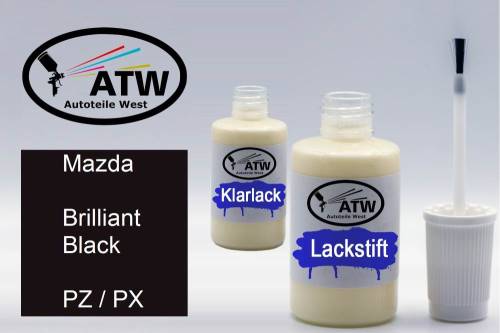 Mazda, Brilliant Black, PZ / PX: 20ml Lackstift + 20ml Klarlack - Set, von ATW Autoteile West.